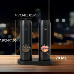 1 or 2-pack rechargeable electric pepper & salt grinders. 2-pack includes charging base. Rechargeable Electric Pepper and Salt Grinder, Auto operation, LED light, adjustable grind, USB charging. Black