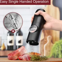 1 or 2-pack rechargeable electric pepper & salt grinders. 2-pack includes charging base. Rechargeable Electric Pepper and Salt Grinder, Auto operation, LED light, adjustable grind, USB charging. Black