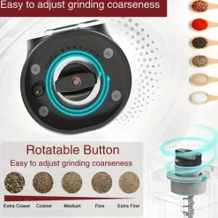 1 or 2-pack rechargeable electric pepper & salt grinders. 2-pack includes charging base. Rechargeable Electric Pepper and Salt Grinder, Auto operation, LED light, adjustable grind, USB charging. Black