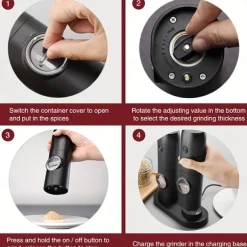 1 or 2-pack rechargeable electric pepper & salt grinders. 2-pack includes charging base. Rechargeable Electric Pepper and Salt Grinder, Auto operation, LED light, adjustable grind, USB charging. Black