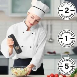 1 or 2-pack rechargeable electric pepper & salt grinders. 2-pack includes charging base. Rechargeable Electric Pepper and Salt Grinder, Auto operation, LED light, adjustable grind, USB charging. Black