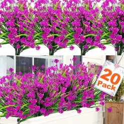 20 Pack Artificial Flower Outdoor Decorations - UV Resistant Plastic Bushes and Faux Flowers for Outdoor Decor