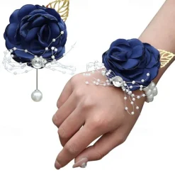 2 Pack Flower Wrist Corsage Boutonniere Set,Artificial Rose Handmade Silk Flower for Wedding Flowers Accessories Prom Suit Decor