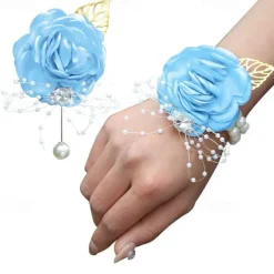 2 Pack Flower Wrist Corsage Boutonniere Set,Artificial Rose Handmade Silk Flower for Wedding Flowers Accessories Prom Suit Decor