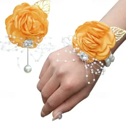 2 Pack Flower Wrist Corsage Boutonniere Set,Artificial Rose Handmade Silk Flower for Wedding Flowers Accessories Prom Suit Decor