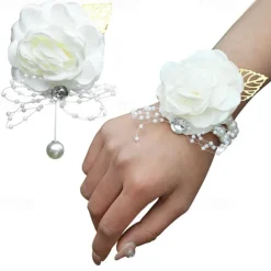 2 Pack Flower Wrist Corsage Boutonniere Set,Artificial Rose Handmade Silk Flower for Wedding Flowers Accessories Prom Suit Decor