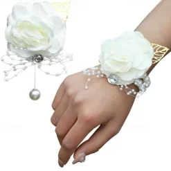2 Pack Flower Wrist Corsage Boutonniere Set,Artificial Rose Handmade Silk Flower for Wedding Flowers Accessories Prom Suit Decor