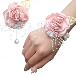 2 Pack Flower Wrist Corsage Boutonniere Set,Artificial Rose Handmade Silk Flower for Wedding Flowers Accessories Prom Suit Decor