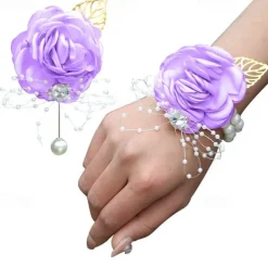 2 Pack Flower Wrist Corsage Boutonniere Set,Artificial Rose Handmade Silk Flower for Wedding Flowers Accessories Prom Suit Decor