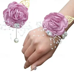 2 Pack Flower Wrist Corsage Boutonniere Set,Artificial Rose Handmade Silk Flower for Wedding Flowers Accessories Prom Suit Decor