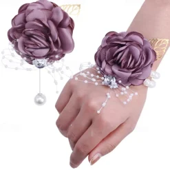 2 Pack Flower Wrist Corsage Boutonniere Set,Artificial Rose Handmade Silk Flower for Wedding Flowers Accessories Prom Suit Decor