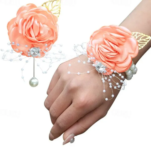 2 Pack Flower Wrist Corsage Boutonniere Set,Artificial Rose Handmade Silk Flower for Wedding Flowers Accessories Prom Suit Decor