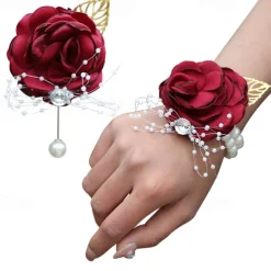 2 Pack Flower Wrist Corsage Boutonniere Set,Artificial Rose Handmade Silk Flower for Wedding Flowers Accessories Prom Suit Decor