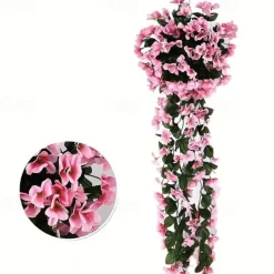 1 Pack, Hanging Artificial Flowers Basket 34“, Fake Hanging Plant, Silk Orchid Flowers, Faux Flower Arrangement, Garden Lawn Decor, Home Decor, Room Decor, Front Door Yard Decor,Wedding Decoration