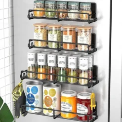 1 Pack Magnetic Spice Rack Organizer, Magnetic Spice Rack for Refrigerator, Magnetic Shelf for Holding Spices, Jars, Bottle, Metal&Black