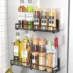 1 Pack Magnetic Spice Rack Organizer, Magnetic Spice Rack for Refrigerator, Magnetic Shelf for Holding Spices, Jars, Bottle, Metal&Black