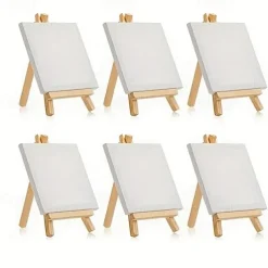 6 Pack Mini Canvas And Easel Set Mini Canvas Panels Mini Wood Easels Canvas Size Is 4 X 4 Easel Size Is 3.1 X 5.9 For Kids Painting Oil Painting And Diy Doodle