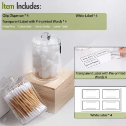 4 PACK Qtip Holder Dispenser for Cotton Ball Cotton Swab Cotton Round Pads Floss Picks - Small Clear Plastic Apothecary Jar Set for Bathroom Canister Storage Organization Vanity Makeup Organizer