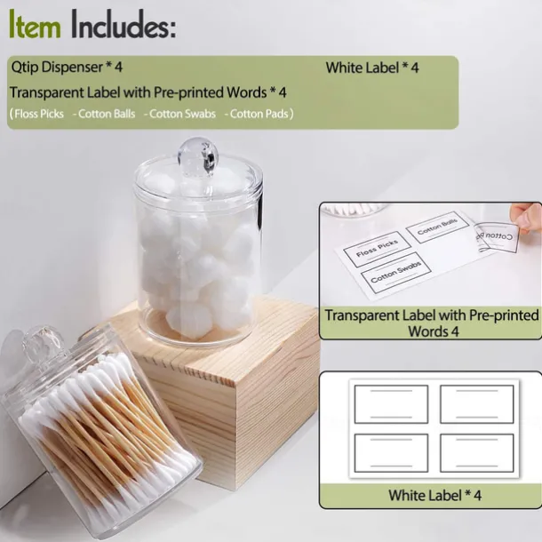 4 PACK Qtip Holder Dispenser for Cotton Ball Cotton Swab Cotton Round Pads Floss Picks - Small Clear Plastic Apothecary Jar Set for Bathroom Canister Storage Organization Vanity Makeup Organizer