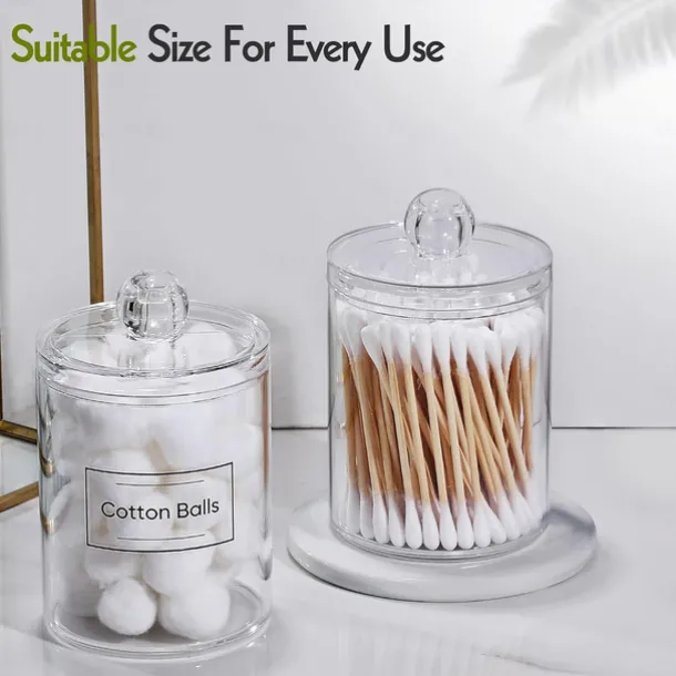 4 PACK Qtip Holder Dispenser for Cotton Ball Cotton Swab Cotton Round Pads Floss Picks - Small Clear Plastic Apothecary Jar Set for Bathroom Canister Storage Organization Vanity Makeup Organizer
