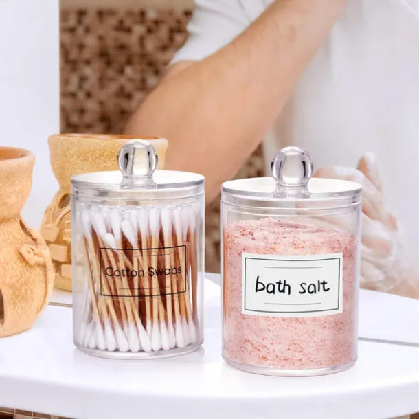 4 PACK Qtip Holder Dispenser for Cotton Ball Cotton Swab Cotton Round Pads Floss Picks - Small Clear Plastic Apothecary Jar Set for Bathroom Canister Storage Organization Vanity Makeup Organizer