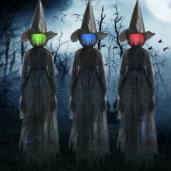 3 Pack Witches Halloween Decorations Outdoor, 6 FT Lighted Witch Stakes Yard Decoration with Change Colors, Life Size Scary Witch Trio Halloween Props for Lawn Grave Party