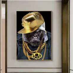 1 Panel Animal Prints Gorilla Wearing Gold Chain Modern Wall Art Wall Hanging Gift Home Decoration Rolled Canvas Unframed Unstretched Painting Core