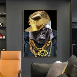 1 Panel Animal Prints Gorilla Wearing Gold Chain Modern Wall Art Wall Hanging Gift Home Decoration Rolled Canvas Unframed Unstretched Painting Core