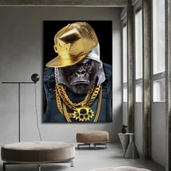 1 Panel Animal Prints Gorilla Wearing Gold Chain Modern Wall Art Wall Hanging Gift Home Decoration Rolled Canvas Unframed Unstretched Painting Core