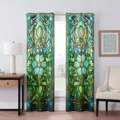 2 Panels 100% Blackout Curtain Stained Glass Pattern Curtain Drapes For Living Room Bedroom Kitchen Window Treatments Thermal Insulated Room Darkening