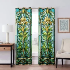 2 Panels 100% Blackout Curtain Stained Glass Pattern Curtain Drapes For Living Room Bedroom Kitchen Window Treatments Thermal Insulated Room Darkening