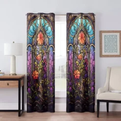 2 Panels 100% Blackout Curtain Stained Glass Pattern Curtain Drapes For Living Room Bedroom Kitchen Window Treatments Thermal Insulated Room Darkening