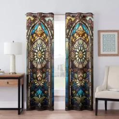 2 Panels 100% Blackout Curtain Stained Glass Pattern Curtain Drapes For Living Room Bedroom Kitchen Window Treatments Thermal Insulated Room Darkening