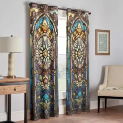 2 Panels 100% Blackout Curtain Stained Glass Pattern Curtain Drapes For Living Room Bedroom Kitchen Window Treatments Thermal Insulated Room Darkening