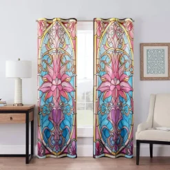 2 Panels 100% Blackout Curtain Stained Glass Pattern Curtain Drapes For Living Room Bedroom Kitchen Window Treatments Thermal Insulated Room Darkening