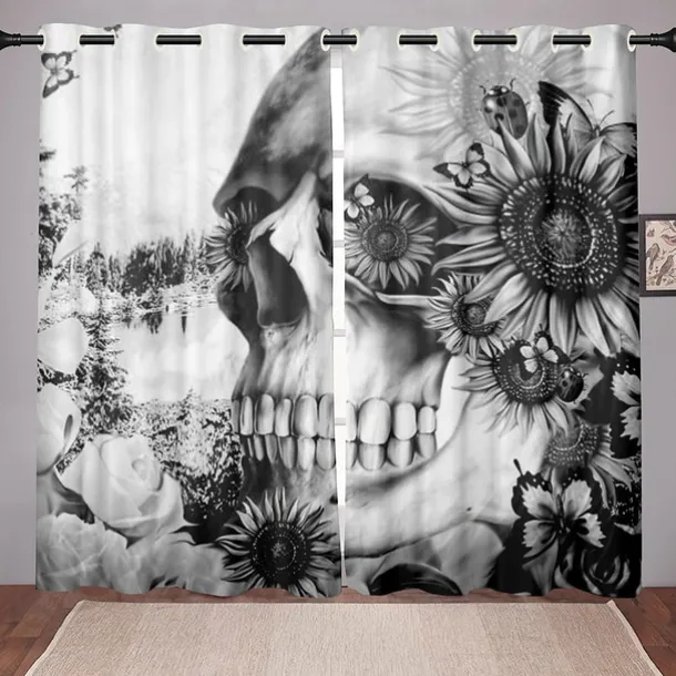 2 Panels Blackout Curtains Skull Printed Thermal Insulated Curtains for Bedroom Living Room Geometric Grommet Window Drapes Curtain Drapes