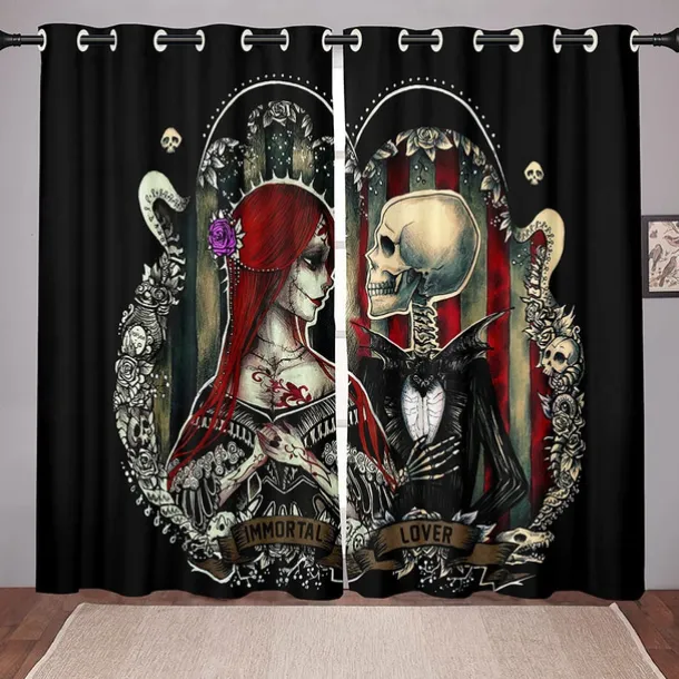 2 Panels Blackout Curtains Skull Printed Thermal Insulated Curtains for Bedroom Living Room Geometric Grommet Window Drapes Curtain Drapes