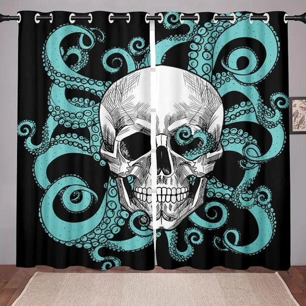 2 Panels Blackout Curtains Skull Printed Thermal Insulated Curtains for Bedroom Living Room Geometric Grommet Window Drapes Curtain Drapes