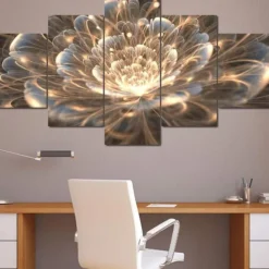 5 Panels Florals Prints Golden Rays Fractal Flower Modern Wall Art Wall Hanging Gift Home Decoration Rolled Canvas Unframed Unstretched Painting Core
