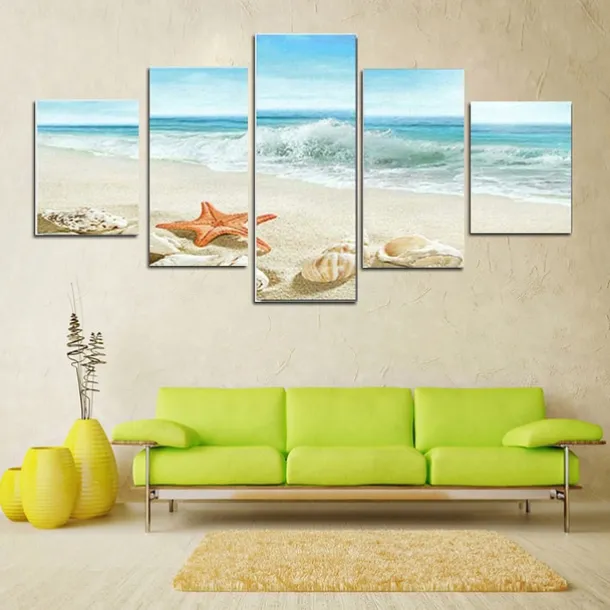 5 Panels Landscape Prints Posters/Picture Beach Blue Sea Sunset Modern Wall Art Wall Hanging Gift Home Decoration Rolled Canvas No Frame Unframed Unstretched