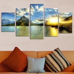 5 Panels Landscape Prints Posters/Picture Beach Blue Sea Sunset Modern Wall Art Wall Hanging Gift Home Decoration Rolled Canvas No Frame Unframed Unstretched