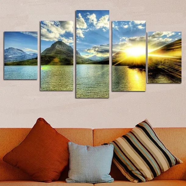 5 Panels Landscape Prints Posters/Picture Beach Blue Sea Sunset Modern Wall Art Wall Hanging Gift Home Decoration Rolled Canvas No Frame Unframed Unstretched