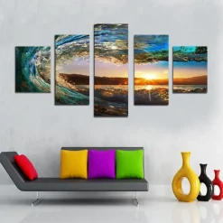5 Panels Landscape Prints Posters/Picture Beach Blue Sea Sunset Modern Wall Art Wall Hanging Gift Home Decoration Rolled Canvas No Frame Unframed Unstretched