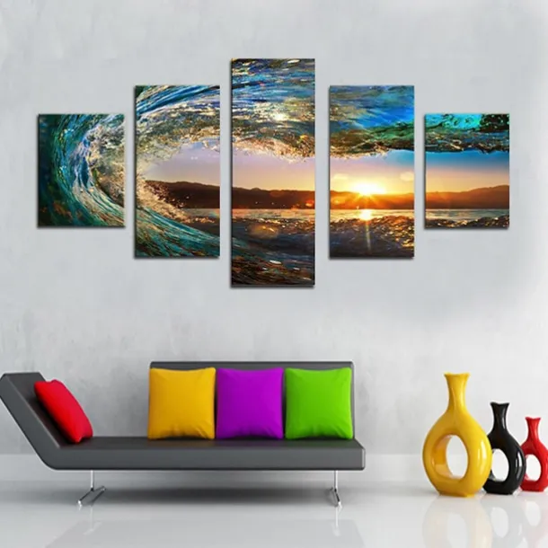 5 Panels Landscape Prints Posters/Picture Beach Blue Sea Sunset Modern Wall Art Wall Hanging Gift Home Decoration Rolled Canvas No Frame Unframed Unstretched