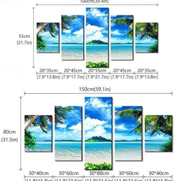 5 Panels Landscape Prints Posters/Picture Beach Blue Sea Sunset Modern Wall Art Wall Hanging Gift Home Decoration Rolled Canvas No Frame Unframed Unstretched