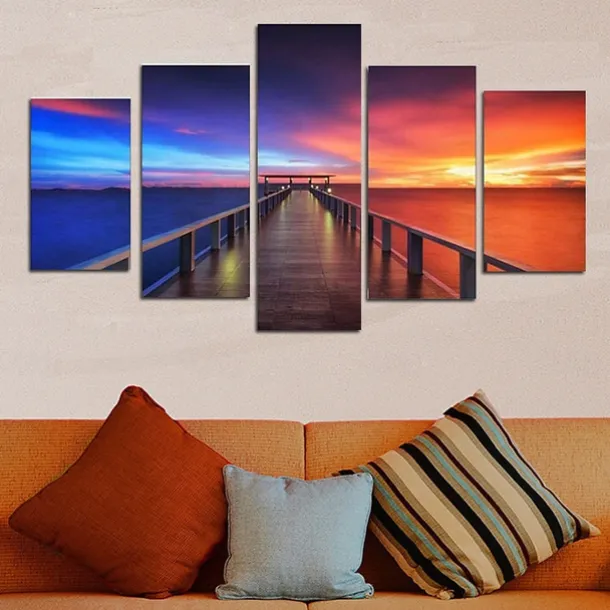 5 Panels Landscape Prints Posters/Picture Beach Blue Sea Sunset Modern Wall Art Wall Hanging Gift Home Decoration Rolled Canvas No Frame Unframed Unstretched