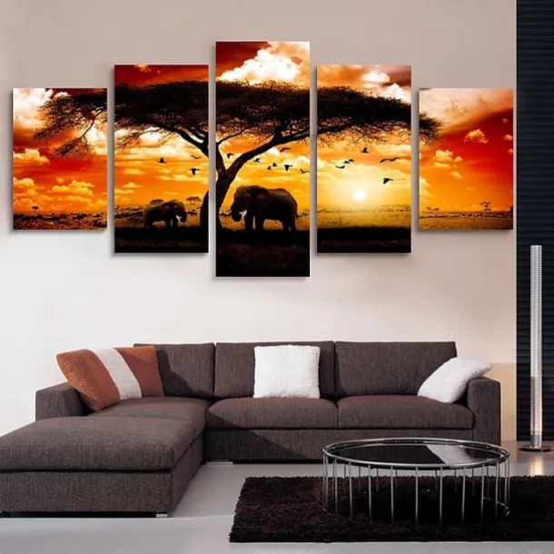 5 Panels Wall Art Canvas Prints Posters Painting Artwork Picture Elephant Animal Tree Sunset Home Decoration Décor Rolled Canvas With Stretched Frame