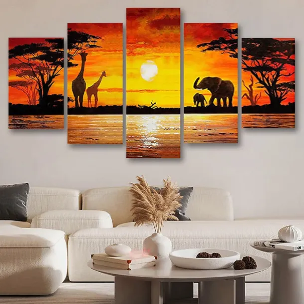 5 Panels Wall Art Canvas Prints Posters Painting Artwork Picture Elephant Animal Tree Sunset Home Decoration Décor Rolled Canvas With Stretched Frame