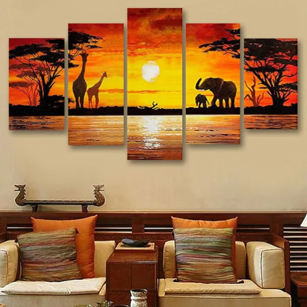 5 Panels Wall Art Canvas Prints Posters Painting Artwork Picture Elephant Animal Tree Sunset Home Decoration Décor Rolled Canvas With Stretched Frame
