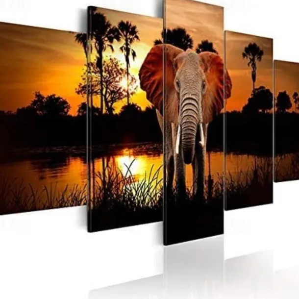 5 Panels Wall Art Canvas Prints Posters Painting Artwork Picture Elephant Animal Tree Sunset Home Decoration Décor Rolled Canvas With Stretched Frame